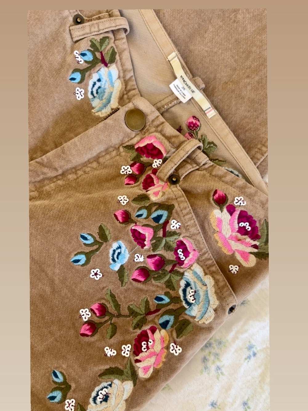 Kimchi Blue Brown Corduroy Flare Pants with Floral Embroidery - Picture 2 of 8